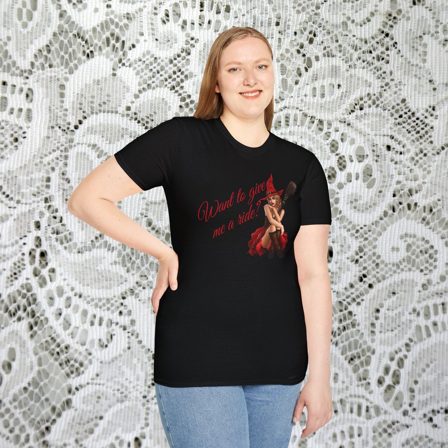 Sexy Witch T-Shirt, Lady in Red, Witches Broom, Witches Hat