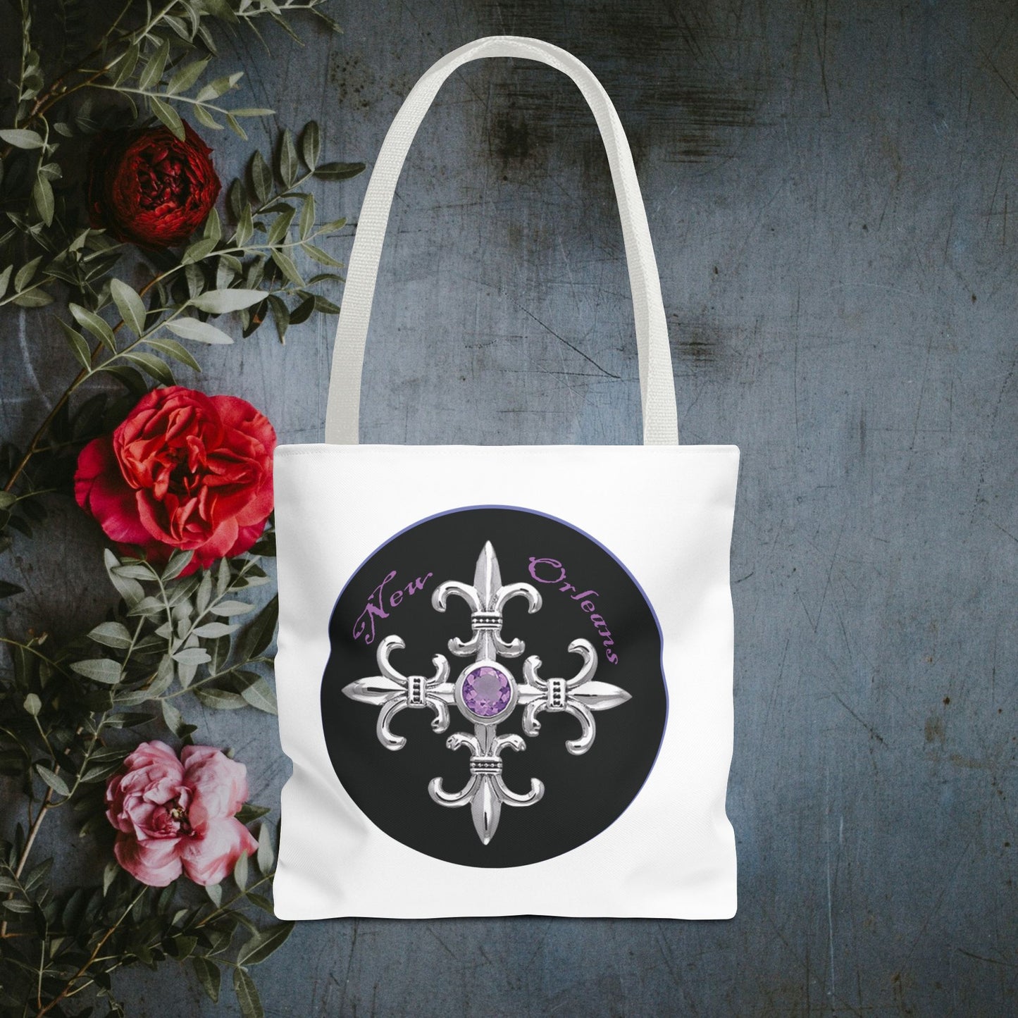 New Orleans Royal Fleur de Lis Crest Shopping Tote Bag-White