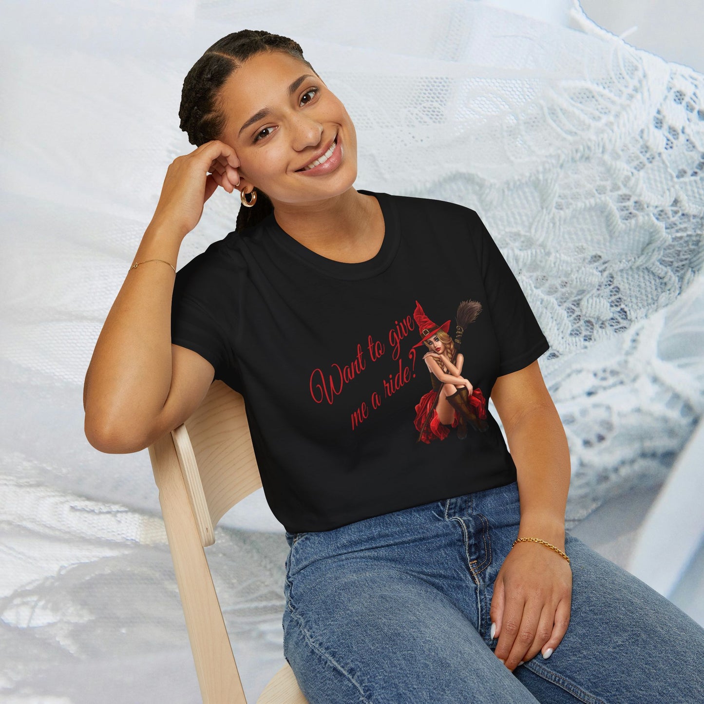 Sexy Witch T-Shirt, Lady in Red, Witches Broom, Witches Hat