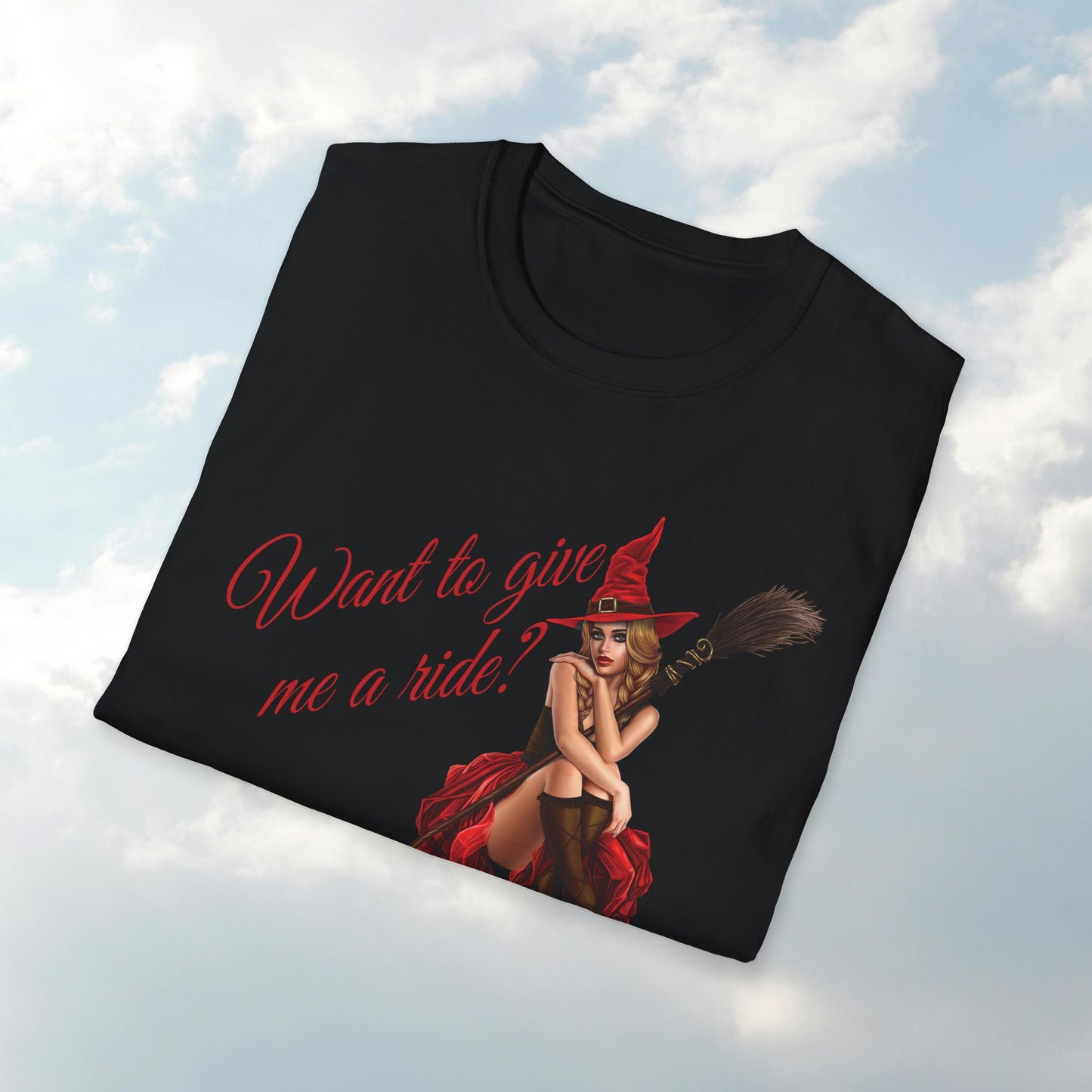 Sexy Witch T-Shirt, Lady in Red, Witches Broom, Witches Hat