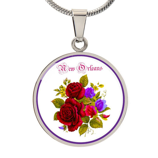 New Orleans Sumer Flowers: Ruby Red Rose Bouquet Round Pendant