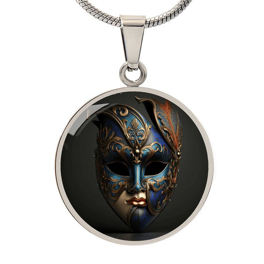 Blue and Silver Fleur de Lis Mardi Gras Mask Round Pendant