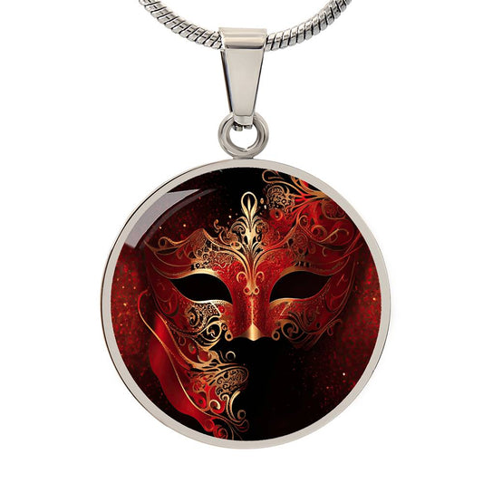 Ruby Red and Gold Feathered Mardi Gras Mask Pendant