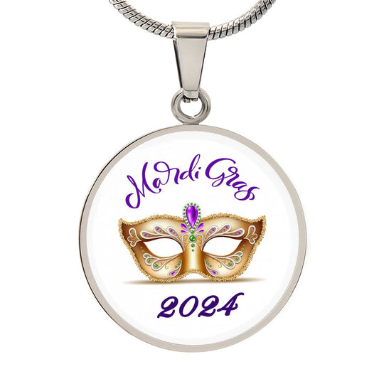 Gold and White 2024 Mardi Gras Mask Pendant