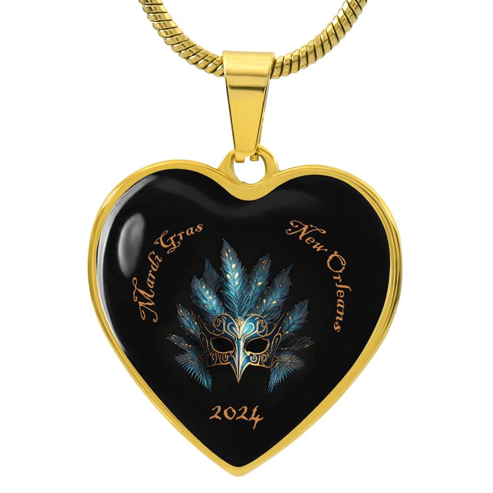 Mardi Gras Blue and Gold Headdress Mask Heart Pendant