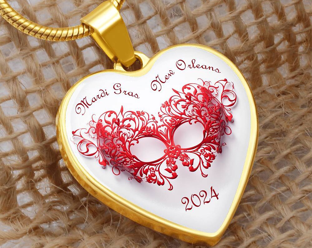 Red Lace Heart Mardi Gras Mask Pendant in Gold