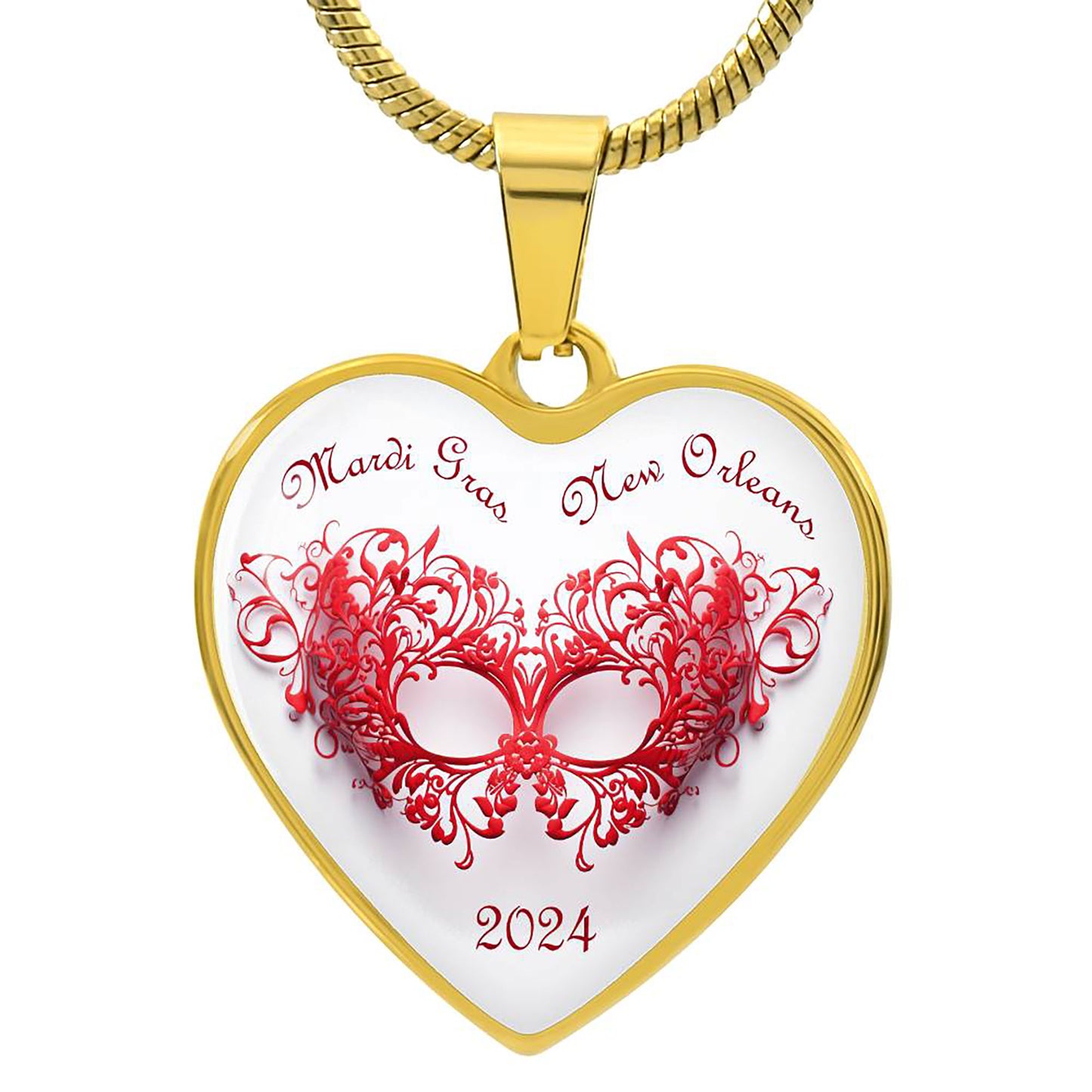 Red Lace Heart Mardi Gras Mask Pendant in Gold