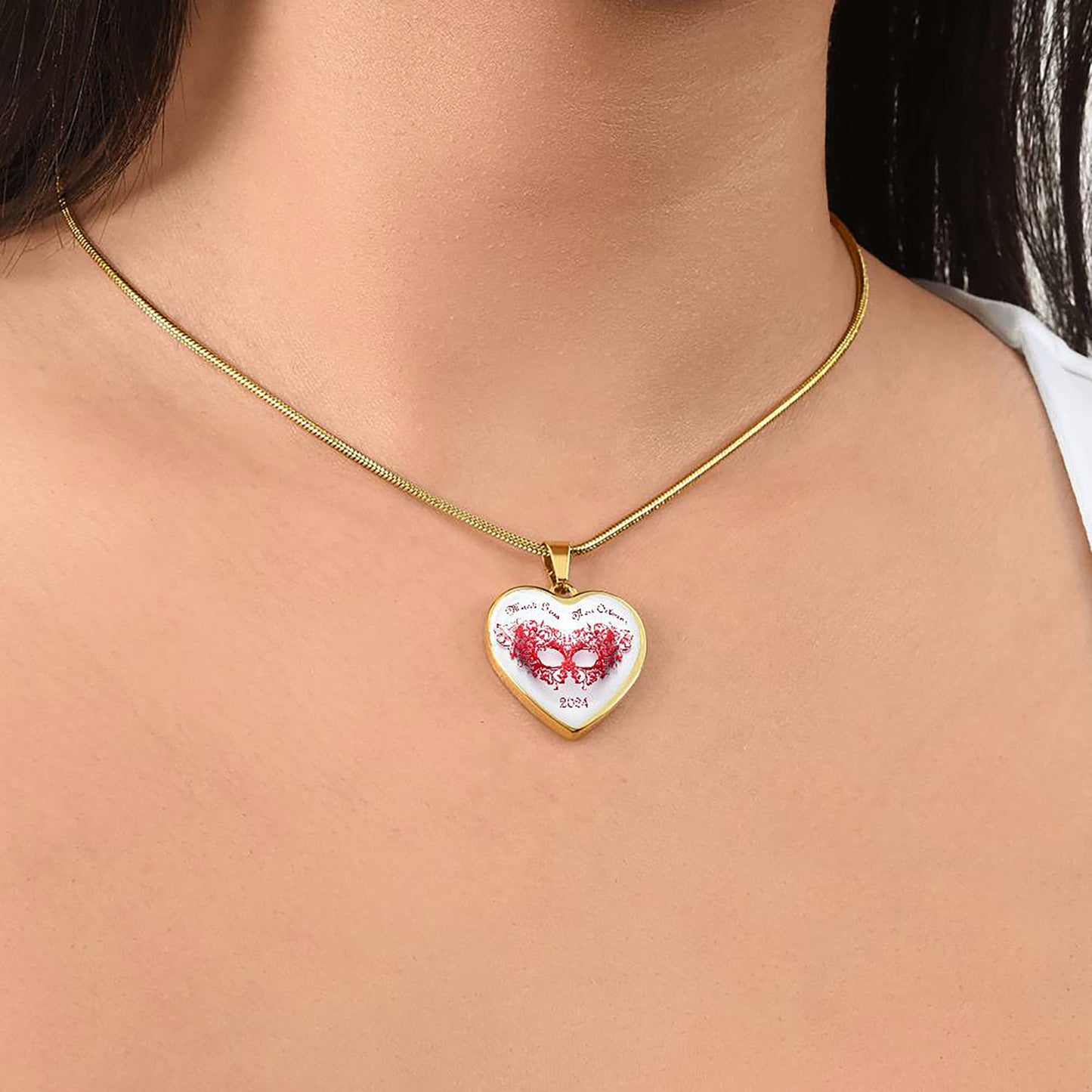 Red Lace Heart Mardi Gras Mask Pendant in Gold