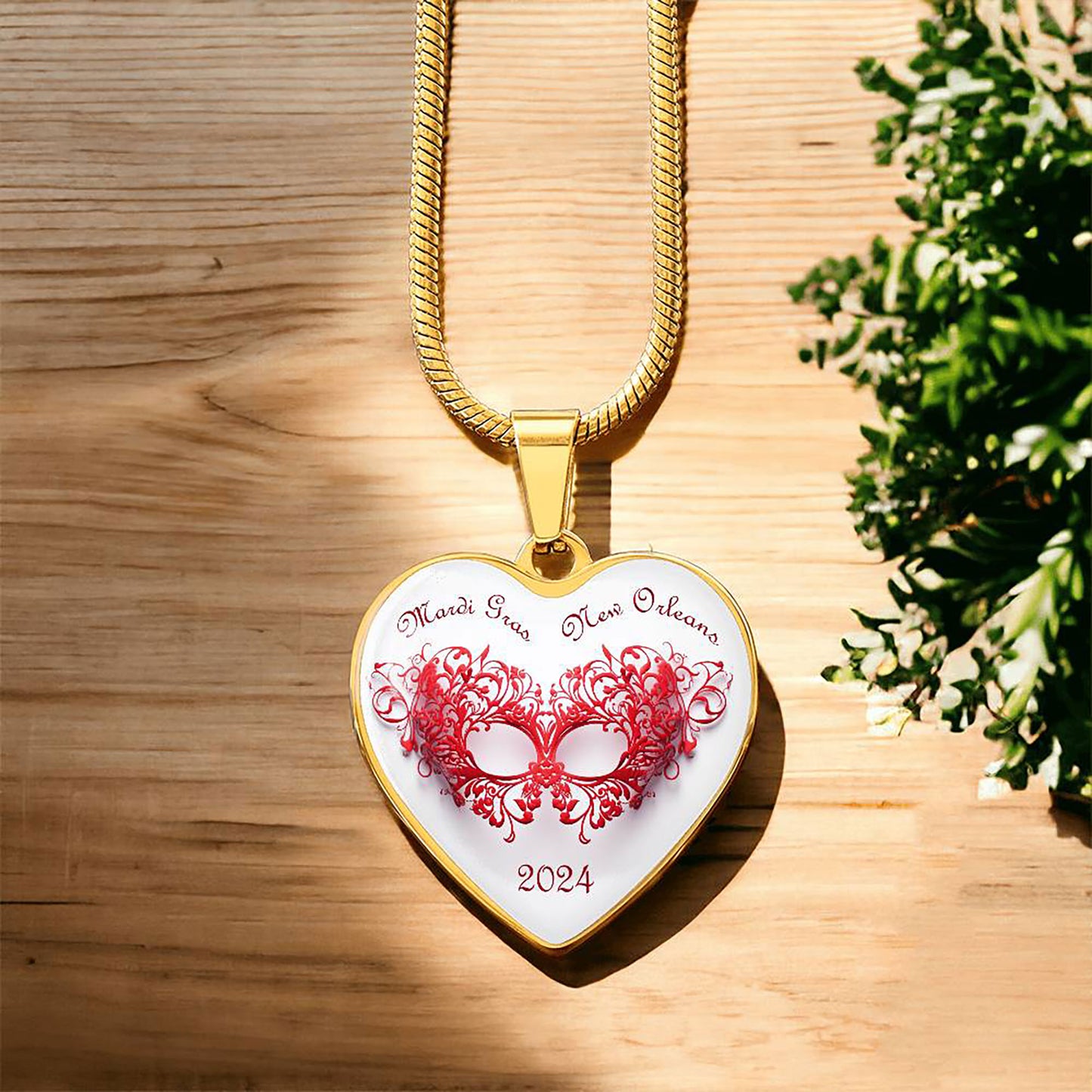 Red Lace Heart Mardi Gras Mask Pendant in Gold